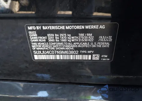 2022 BMW X5 M50I from USA, damaged, VIN 5UXJU4C07N9M63802